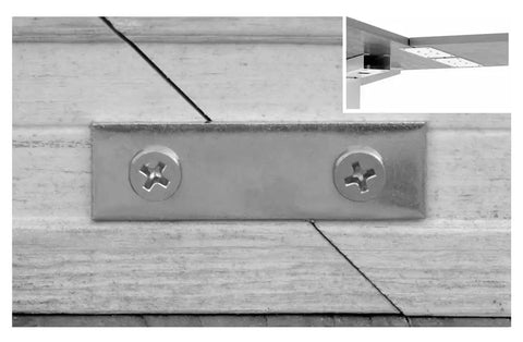 Tough Zinc Plated Steel Mending Plates Four Inch By One Inch Heavy Duty Wood Repair Brackets on wood surface with screws.