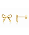 Gold Bow Stud Earrings For Women Titanium Flat Back Screw Back Hypoallergenic Nickel Free Lightweight showing front and side views.