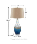 Beachy Glass Table Lamp Set Of 2 In Clear And Blue With Sand Brown Banding, 28.25 in tall with tan drum shade, dimensions shown