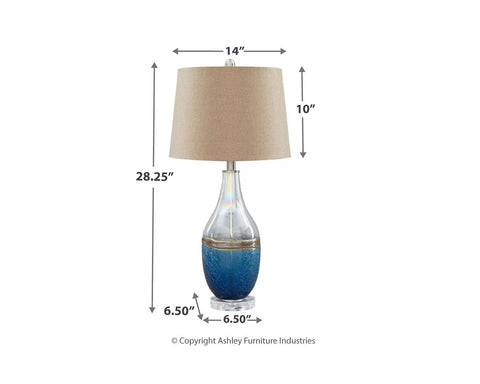 Beachy Glass Table Lamp Set Of 2 In Clear And Blue With Sand Brown Banding, 28.25 in tall with tan drum shade, dimensions shown