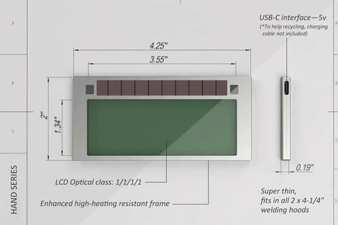 Hand Series 2x4 Digital Auto Darkening Welding Lens For Low Amp TIG 2A, Shade 10, product dimensions and features