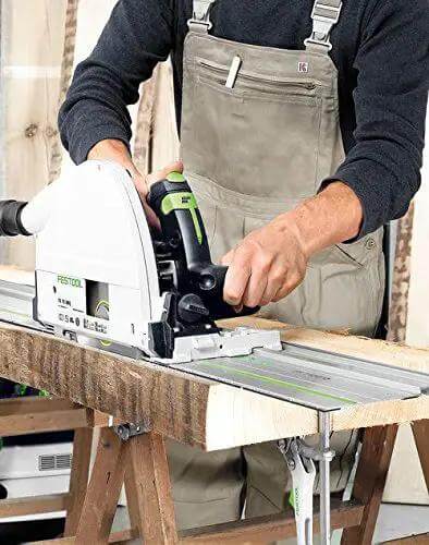 Badass Zero Fuss Plunge Saw With Aluminum Track Guide For Dial In Accuracy And Smooth Laminate Cuts 1600 Watt Motor during use.