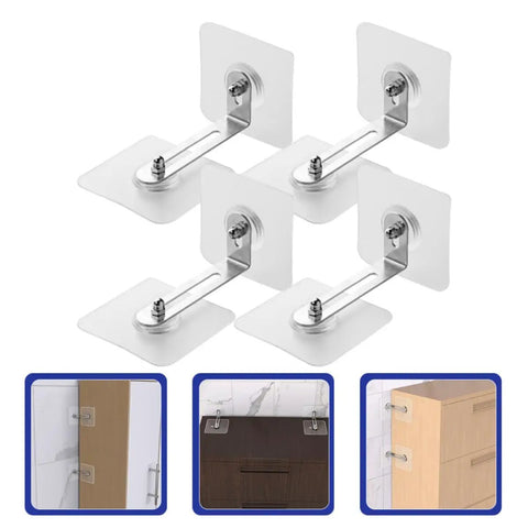 Four Pack Anti Tip Anchors For Furniture Stainless Steel And Acrylic, Adjustable Wall Mount Design, No Drill Required, Easy Install For Dressers Shelves TV Consoles Cabinets Keeping Kids Pets And Heavy Appliances Safe. Four anti-tip wall anchors in stainless steel and acrylic
