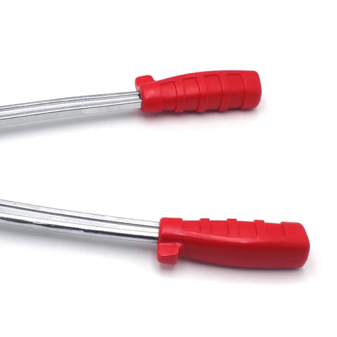 Close-up of red-handled grips on 7 Lever Tube Expander Set For Plumbing And HVAC, 7 Die Head Swaging Kit, Blue Finish