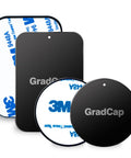 Universal Magnetic Phone Mount Metal Plates Kit 4 Pack Ultra Thin Discs With 3M Adhesive shown with black and white plates, round and rectangle.