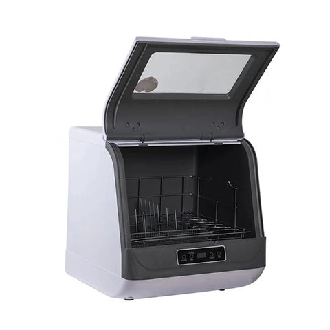 No Fuss Portable Countertop Dishwasher With Eight Liter Tank And Four Custom Wash Cycles Featuring Swift Air Dry Tech and Soft Led Buttons, open view.