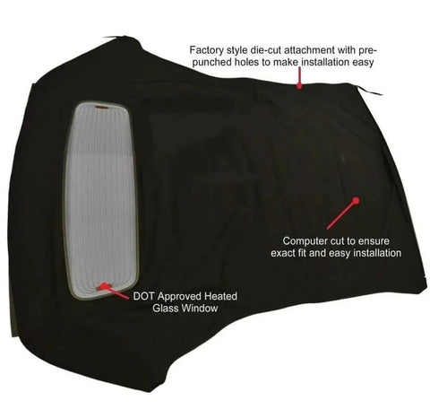 Ford Mustang Convertible Top Replacement For 2005 To 2014 With Sailcloth Vinyl Soft Top Heated Glass Window Black OEM Upgrade And DOT Approved Glass Window Your Ride Ready, showing black sailcloth vinyl with heated glass window