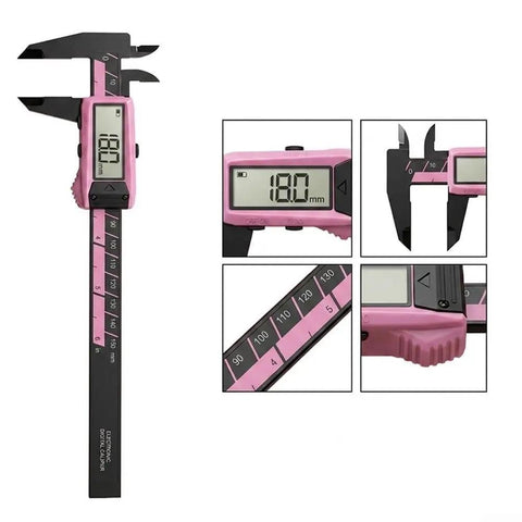 Digital Vernier Caliper 150mm Nylon Body Metric Inch in pink showing high-resolution display and measurement scale.