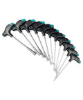 Tough T Handle Hex Socket Wrench Set 11 Piece With Magnetic Head Rubberized Non Slip Grip laid out for garage use.