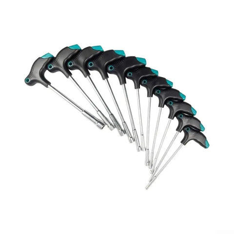 Tough T Handle Hex Socket Wrench Set 11 Piece With Magnetic Head Rubberized Non Slip Grip laid out for garage use.