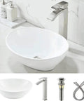 White Ceramic Vessel Sink With Faucet And Drain, Oval Above Counter Bathroom Basin, Modern Porcelain Vanity Sink, accessories shown