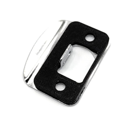Close-up of a black standard door strike shim from the Door Strike Shim Set Of 3 For Door Latch Plate Alignment Interior And Exterior 2mm 3mm 4mm Spacers Black Standard Strike Durable 3D Printed PETG Compression-Resistant Fits Most Doors.