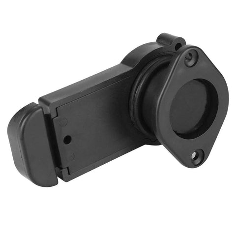 Boat drain valve, side view, black PVC scupper valve with round mounting flange