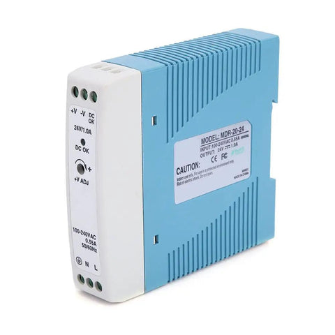 DIN Rail Power Supply 24W 24V 1A Industrial Grade With Full Range 85-264VAC Input For Automation Control Systems Durable Rugged Overload Protected And Plug And Play Mounting, blue and white compact unit