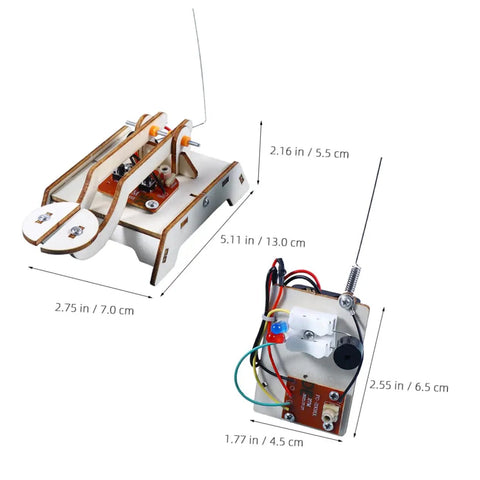 Hands On Telegraph Model Kit For Kids And Students, wooden transmitter and receiver, with dimensions displayed for DIY STEM project