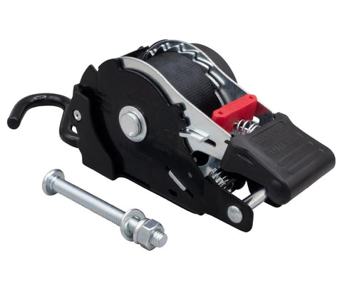Close-up of a 4 Pack 1 Inch By 10 Foot Bolt On Retractable Ratchet Strap with Coated S Hook and mounting hardware visible