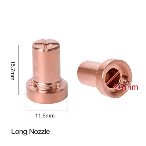 Long copper nozzle for plasma cutters, 15.7mm height and 5.5mm opening, part of 60 Pc consumables Kit for PT-31 and LG40 torches.