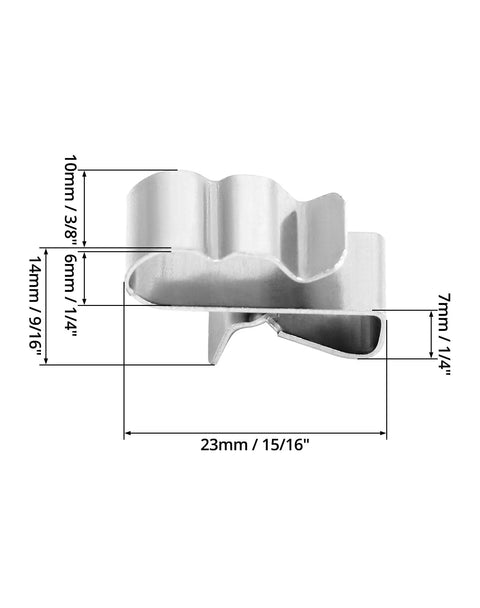 Premium Built Tough 100 Piece 304 Stainless Steel Solar Panel Clips, showing detailed dimensions for trailer wire clamps.