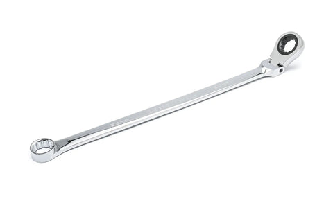 Close-up of 24Mm XL GearBox Flex Head Double Box Ratcheting Wrench, 72 Tooth 12 Point Mechanism, showing flexible head and long beam.