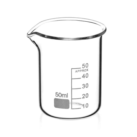 Sturdy Glass Beaker Set 50ml Six Pack, 3.3 Borosilicate Griffin Low Form Lab Glassware With Printed Graduations And Large Marking Spot