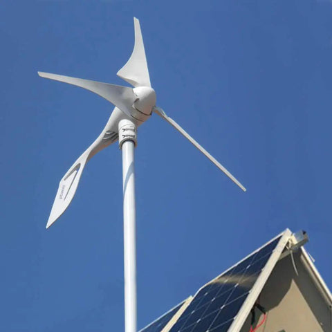 Wind Turbine Generator 12V 400W with 30A Hybrid Charge Controller, 23.4-inch Nylon Carbon Fiber Blades against blue sky
