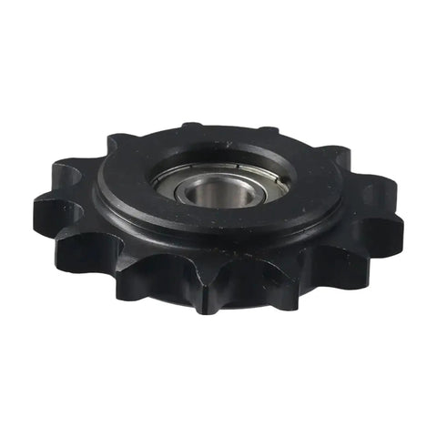 Heavy Duty 13 Tooth Idler Sprocket Wth 10mm Bore And 1/2 Inch Pitch C45 Carbon Steel Tensioner Gear, black gear side view.