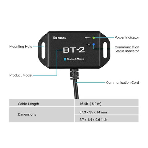 BT 2 Smart Solar Monitor With Wireless App Control dimensions and indicators details labeled on device image
