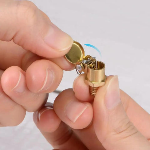 Close-up of 4 Pack Brass Spring Grease Oil Cup Cap L Shaped Oil Container Oiler for lathe machine with M6x1 thread.