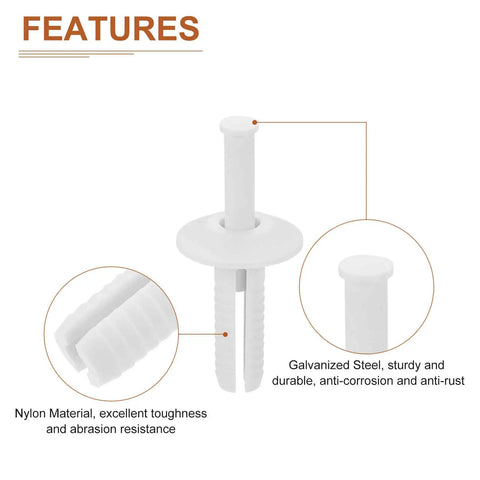 Heavy Duty Nylon Drywall Rivets 1 Quarter Inch By 3 Quarter Inch 50 Pack White Mushroom Blind Rivets close-up with features