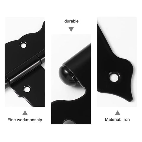Close-up of Four Pack Black Iron T Shape Door Hinges For Wooden Doors With Eight Screw Holes Bearing Design, durable construction.