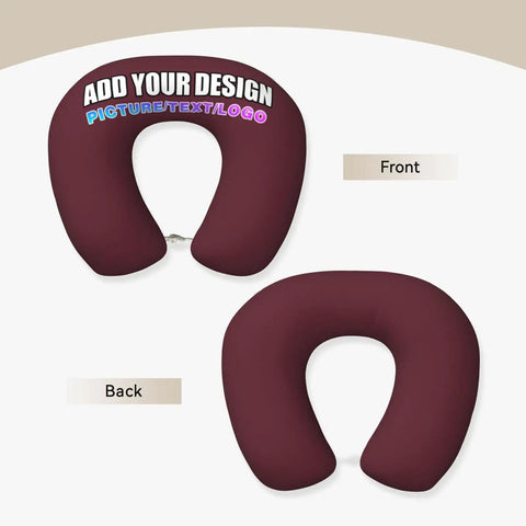 Front and back view of a maroon Custom U Shaped Neck Pillow With Your Design, Personalized Memory Foam Travel Pillow For Plane, Car, Home Or Office, Add Photos Or Text, Soft Support For Naps And Fatigue Free Travel.