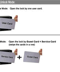 RFID Cabinet Lock Set Two-Pack Hidden DIY USB Cable Locks for wooden cabinets, with user, service, and guest card unlock options shown