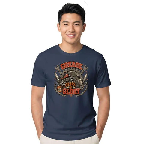 Retro Mechanical Engineer T Shirt With Vintage Gear Garage Emblem For Cool Builders, Diesel Mechanics And DIY Tinkerers Who Love Grease And Glory In The Shop, navy blue, soft cotton, unisex fit.