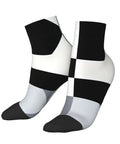 Black And White Checkerboard Straight Tube Socks Crafted From Buttery Soft Polyester For Elite Breathability And Quick Dry Comfort A Dead Set Classic For The Daily Grind Or Weekend Chill Sessions, featuring a bold checkerboard design.