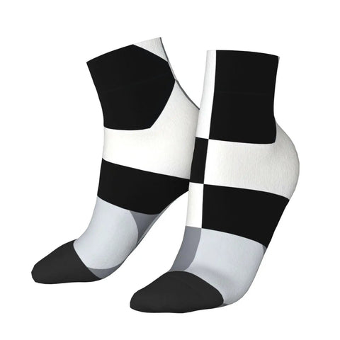 Black And White Checkerboard Straight Tube Socks Crafted From Buttery Soft Polyester For Elite Breathability And Quick Dry Comfort A Dead Set Classic For The Daily Grind Or Weekend Chill Sessions, featuring a bold checkerboard design.