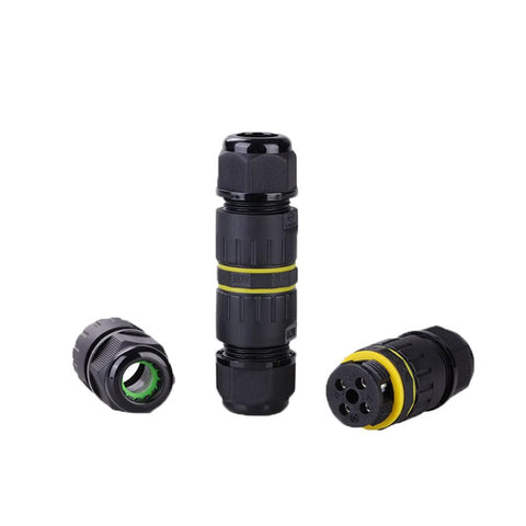 Two M20 IP68 waterproof 4-pin cable connectors; black housing with yellow seals, three-angle view.
