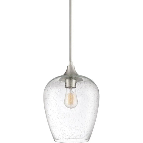 One Light Brushed Nickel Mini Pendant With Clear Seeded Glass Shade Sloped Ceiling Compatible Hanging Light