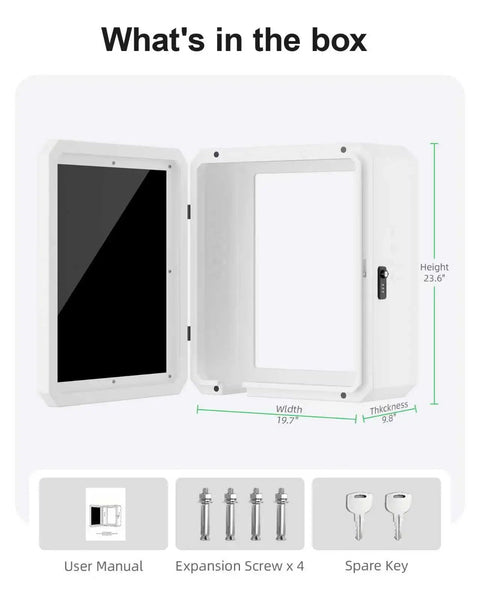 Universal Lockable EV Charger Outdoor Enclosure And Heavy Duty Metal Protective Guard For Level 2 Charging Stations, 23.6x19.7x9.8 inches, includes user manual and accessories.
