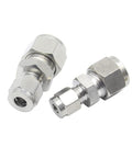 Two stainless steel 304 compression tube reducer unions, 3/8 in to 1/4 in OD, straight adapters