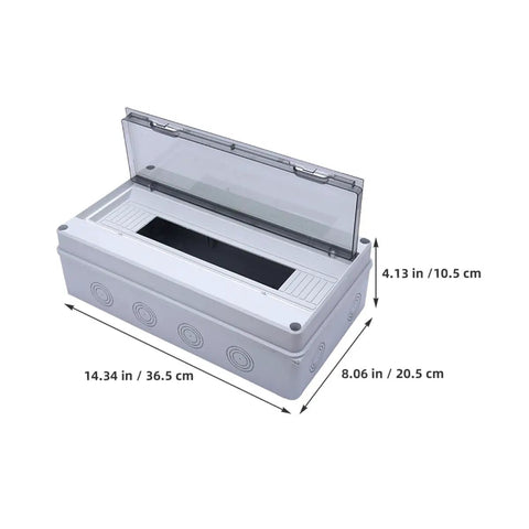 Weatherproof 18-Circuit Outdoor Electrical Junction Box With Distribution Panel Enclosure, Durable ABS, Dimensions Shown