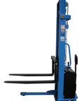 Top Tier Heavy Duty Semi Electric Pallet Stacker With A Brawny Three Thousand Three Hundred Pound Lift Capacity side view showing adjustable legs and smooth wheels.