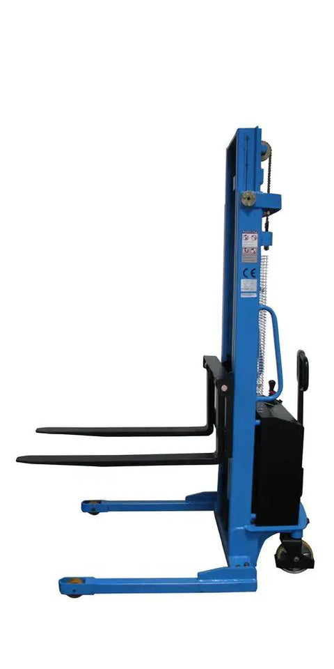 Top Tier Heavy Duty Semi Electric Pallet Stacker With A Brawny Three Thousand Three Hundred Pound Lift Capacity side view showing adjustable legs and smooth wheels.