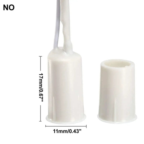 Recessed Wired Security Door And Window Contact Sensor With Magnetic Reed Switch For Home Burglar Alarm Systems No Sweat Install Rock Solid White Finish Three Pack close-up of sensor with dimensions and wire.