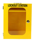 Tough As Nails Heavy Duty Lockout Tagout Station Wall Mounted Loto Cabinet With Shatterproof Clear Door and yellow frame.