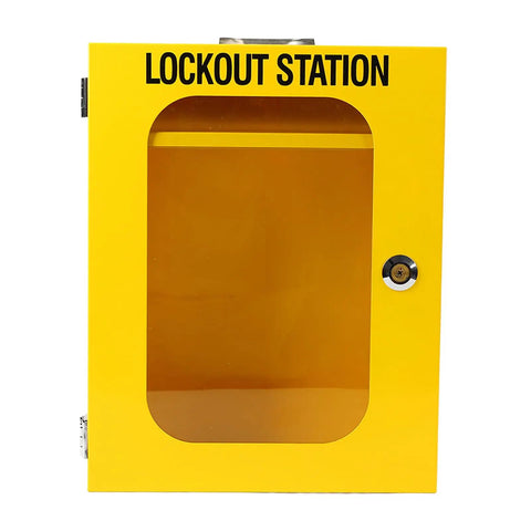 Tough As Nails Heavy Duty Lockout Tagout Station Wall Mounted Loto Cabinet With Shatterproof Clear Door and yellow frame.
