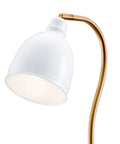 Adjustable Arc Floor Lamp With Brass Metal Shade, Handcrafted Brass Finish On Steel Base, close-up of white dome shade and arched brass stem