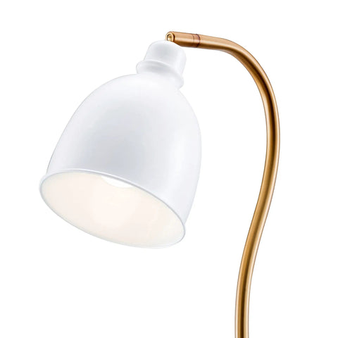Adjustable Arc Floor Lamp With Brass Metal Shade, Handcrafted Brass Finish On Steel Base, close-up of white dome shade and arched brass stem