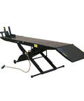 Shop Tough Portable Motorcycle Lift Air Operated Bike Stand 1000 Lb Capacity with diamond plate and removable rear ramp.