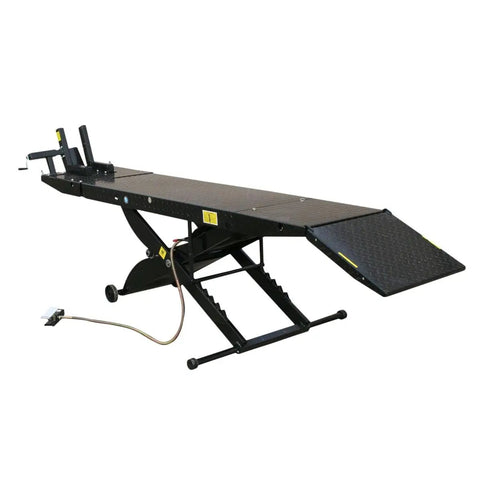 Shop Tough Portable Motorcycle Lift Air Operated Bike Stand 1000 Lb Capacity with diamond plate and removable rear ramp.