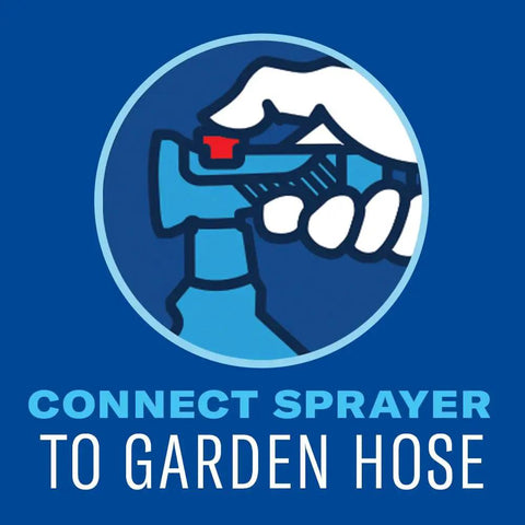 Illustration showing hand connecting sprayer to garden hose for 3 In 1 Insecticide And Fungicide For Plants Ready To Spray 32 Oz.